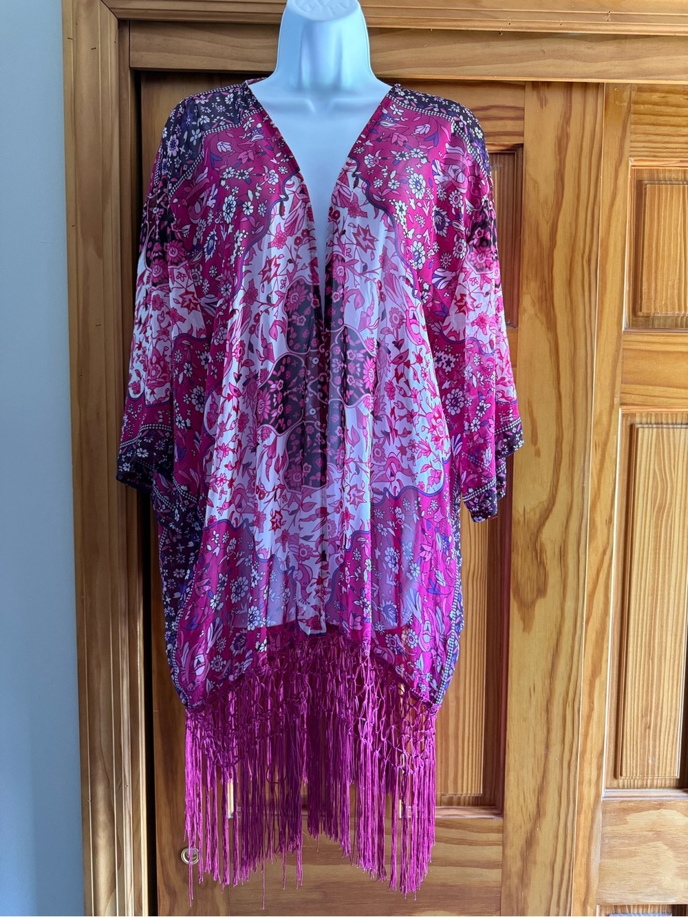 Fuchsia Pink Floral Fringe Kimono